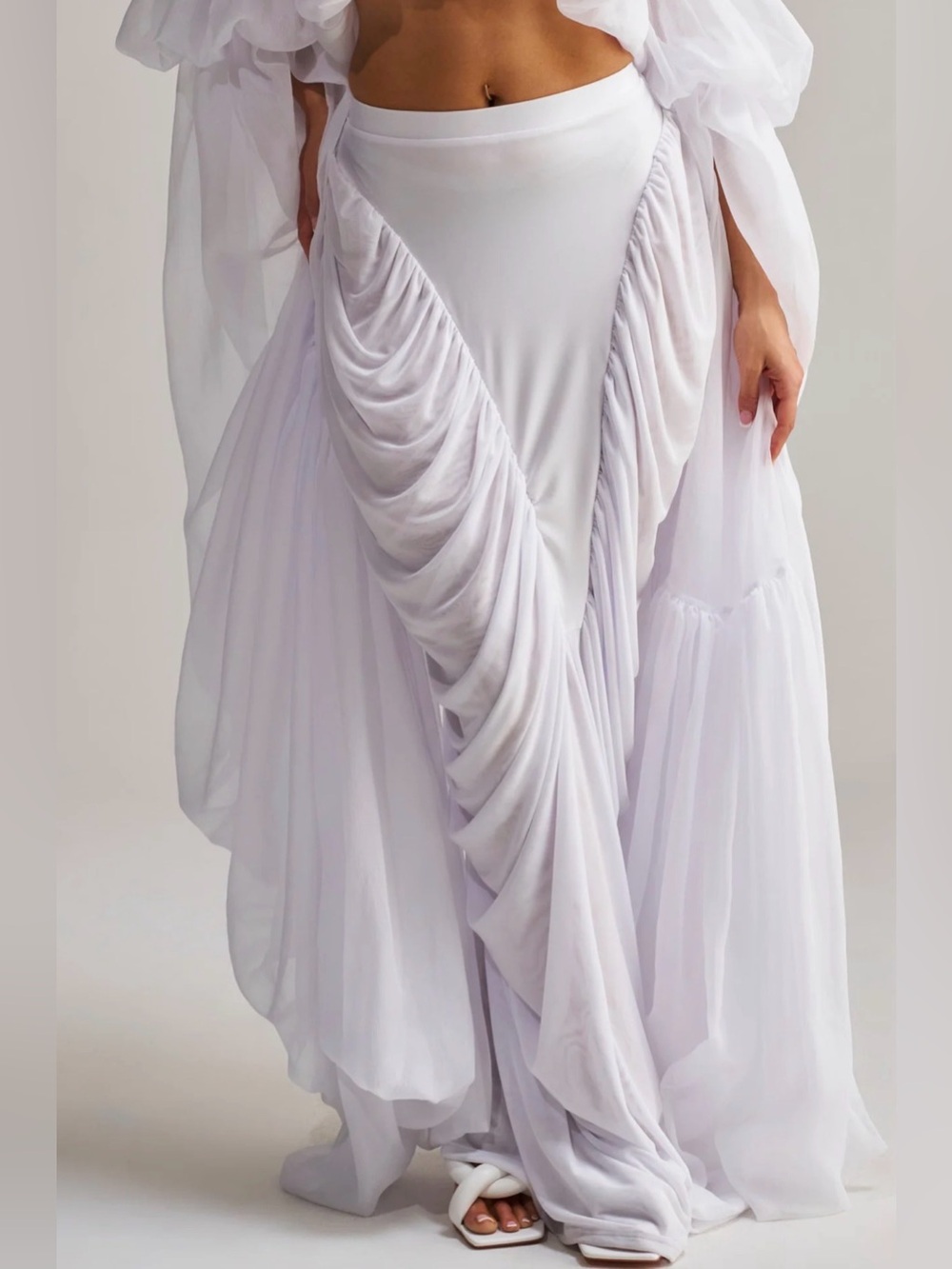 AKIRA White Draped Maxi Skirt with Gathered Panels